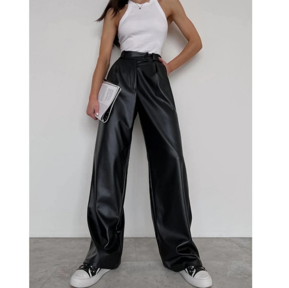 Commense Black Wide-Leg Faux Leather Pants